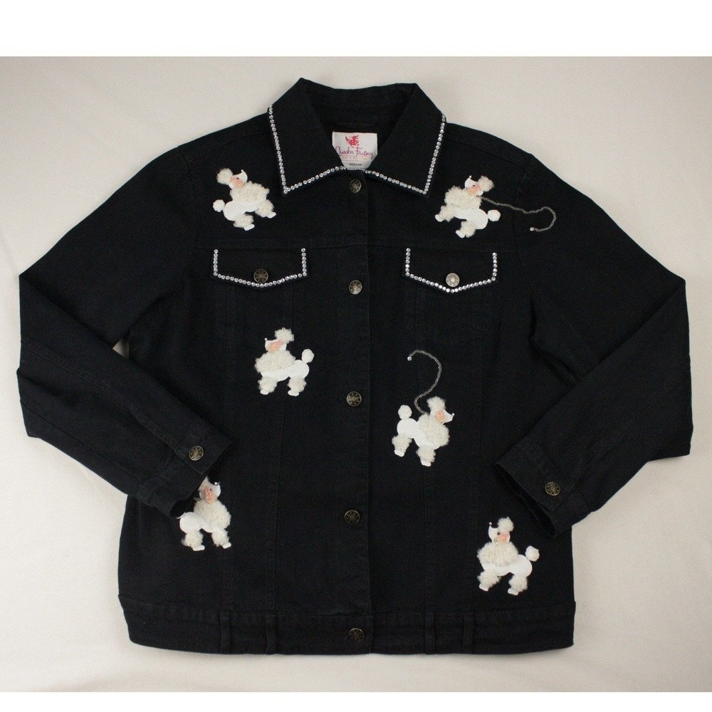 Quacker Factory Black Denim Jacket M Poodle‎ Embroidered Rhinestone Novelty